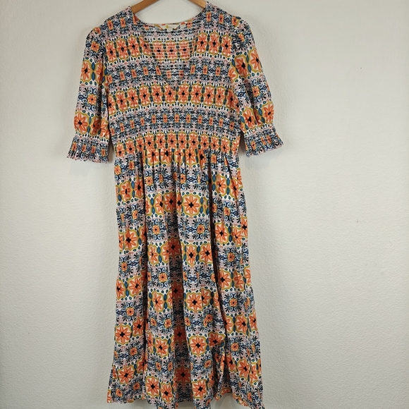 BODEN Smocked Bodice Puff Sleeve Midi Floral Deep V Dress Size 16/18R - Picture 4 of 15